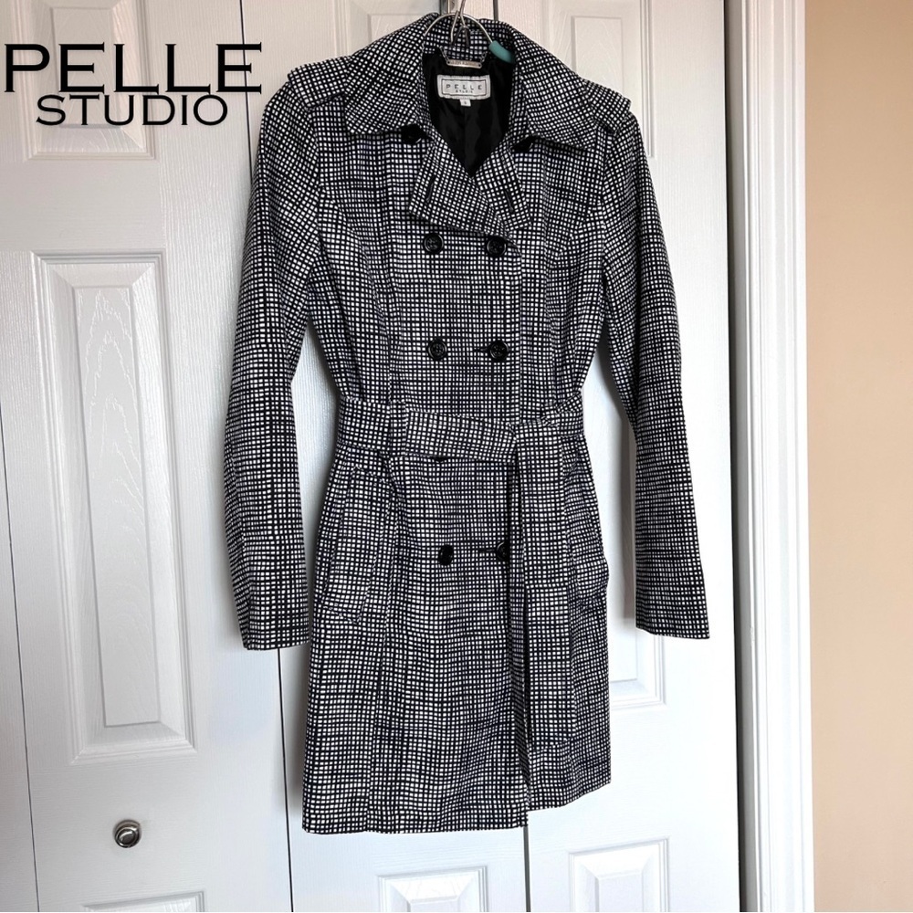Pelle Studio Classic Double Breasted Black and White Trench Coat Size Small